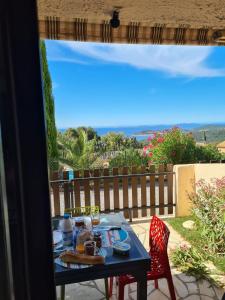 einen Tisch mit Essen auf der Terrasse in der Unterkunft charming apartment - splendid 180 sea view in La Croix-Valmer