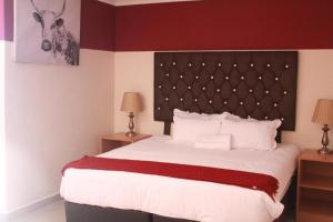 a bedroom with a large bed with a red wall at Apple Guesthouse in Lothlekane