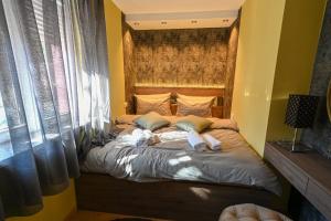 a bed in a room with a large window at BANE APARTMANI 7 in Kraljevo