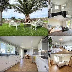 a collage of pictures of a house with a palm tree at Spacious Bungalow Serene Garden and Parking Sleeps 6 in Newlyn