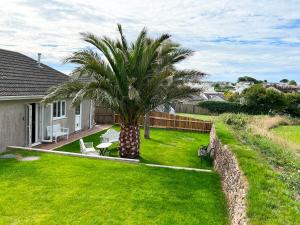 a palm tree in the yard of a house at Spacious Bungalow Serene Garden and Parking Sleeps 6 in Newlyn