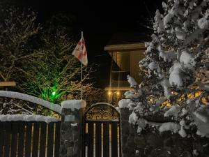 a snow covered christmas tree in front of a fence at Guest House on Meskheti in Borjomi