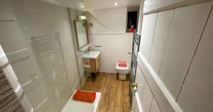 a small bathroom with a shower and a toilet at Stunning Luxury Apartment in Central Lymington in Lymington