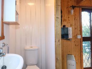 a bathroom with a toilet and a sink at Packhorse Shepherds Hut in Belper