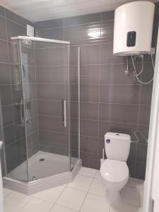 a bathroom with a shower and a toilet at Domki Biała Mewa Sarbinowo in Sarbinowo