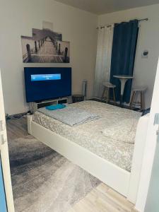 a bedroom with a bed and a flat screen tv at Owen in Montargis