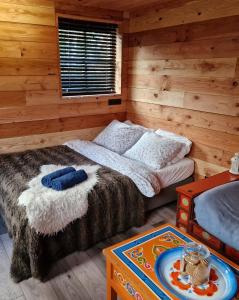 een slaapkamer met een bed in een blokhut bij Gezellige Blokhut op de Veluwe in Emst