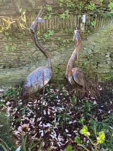 twee vogelstandbeelden in het gras bij Riverbank House Bed and Breakfast Innishannon in Inishannon