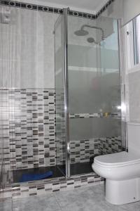La salle de bains est pourvue de toilettes et d'une douche en verre. dans l'établissement LA ORILLA BEACH HOUSE, à Lajita