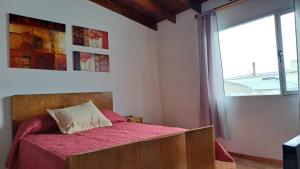 1 dormitorio con cama con sábanas rosas y ventana en Centro Rio Gallegos en Río Gallegos