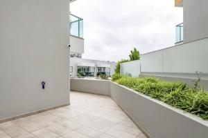 un patio vacío de un edificio con plantas en Luxury poolside view apartment, en Funchal