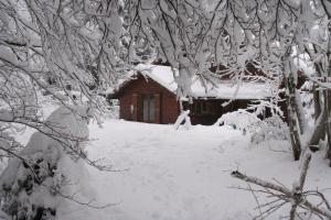 ein schneebedecktes Blockhaus mit einem Stapel Schnee in der Unterkunft Chalet OTT - apartment in the mountains with sauna in Saint-Cergue