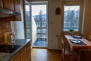 une cuisine avec un comptoir et une grande fenêtre dans l'établissement Lake House Sebanc, à Bled