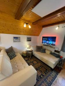 a living room with white couches and a flat screen tv at Chalet Calla in Mrkopalj