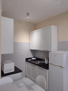 a kitchen with white cabinets and a white refrigerator at Giardino delle Ortensie in Cannobio