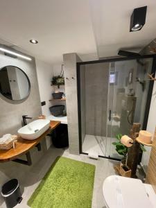 a bathroom with a shower and a sink and a mirror at Chalet Calla in Mrkopalj
