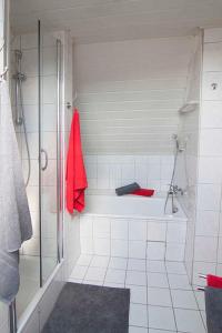 y baño con ducha y toalla roja. en Ferienwohnung Waldblick en Bad König