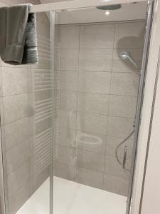 a shower with a glass door in a bathroom at Le Saint-Hilaire in Saint-Hilaire-de-Brens