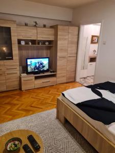 um quarto com uma cama e uma televisão de ecrã plano em Kineski zid em Zenica