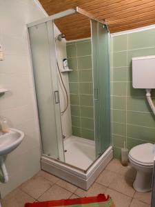 una doccia con una porta in vetro in un bagno di Joky Katona Rooms & Apartments a Palić