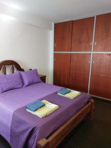 1 dormitorio con cama morada y armarios de madera en Departamentos PLAZA, a 12 metros de la catedral y plaza principal en San Fernando del Valle de Catamarca