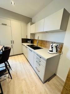 a kitchen with white cabinets and a counter top at Ferienwohnung Obernkirchen in Obernkirchen