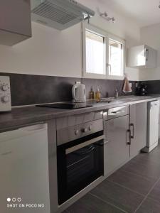 ロシュフォールにあるJoli T1 hypercentre Rochefortのシンクとコンロのあるキッチン トップオーブン