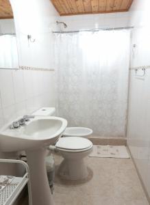 uma casa de banho branca com um WC e um lavatório em Los Guindos em El Calafate