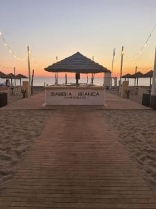 uma mesa com um guarda-sol na praia em Hotel Camelia em Rimini