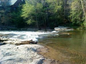 rzeka z kamieniami, wodą i drzewami w obiekcie Eagle Mountain River Retreat w mieście Ellijay