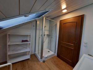 a bathroom with a shower and a glass door at Blumenschein-Ferienwohnung Obbe in Kirchzell