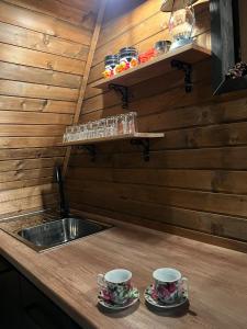 a kitchen counter with two cups and a sink at Vikendica Aview in Štrpce