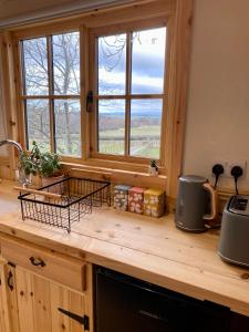 a kitchen with a counter with a window at Lowgingerfield Shepherd Hut in Richmond