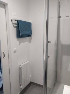 W łazience znajduje się prysznic i niebieski ręcznik. w obiekcie Super studio, proche centre ville w mieście Rochefort