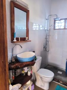 ein Badezimmer mit einem WC, einem Waschbecken und einem Spiegel in der Unterkunft Villa Nemocotier in Cap Skirring