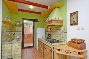 una cucina con pareti verdi, lavandino e frigorifero di House Josko a Vinišće