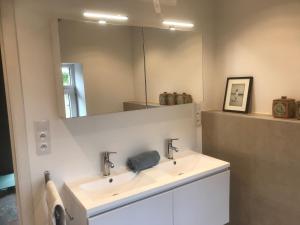 uma casa de banho com um lavatório e um espelho em La ferme aux oiseaux B&B em Beaumont
