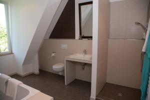La salle de bains est pourvue d'un lavabo, de toilettes et d'un miroir. dans l'établissement Haus Keppelborg: ZI Elisabeth mit Burgmauerblick, à Heek