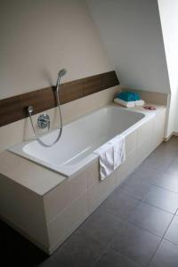 a bath tub with a shower in a bathroom at Haus Keppelborg: ZI Elisabeth mit Burgmauerblick in Heek