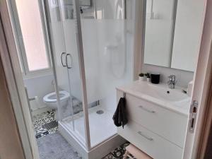 ein weißes Badezimmer mit Dusche und Toilette in der Unterkunft Locanoor Dieppe - Maison de Pêcheur devenue Cosy in Dieppe + 15 Fotos