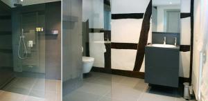 2 Bilder eines Badezimmers mit Waschbecken und WC in der Unterkunft Adlerhorst - Boarding House in Michelstadt