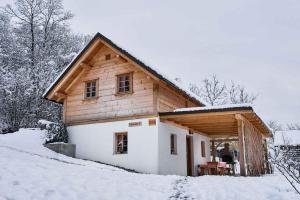 une maison avec un toit en bois dans la neige dans l'établissement Holiday home in Mirna Pec Kranjska Krain 43928, à Mirna Peč
