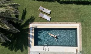 una vista aérea de una piscina con una tabla de surf en el agua en Yria Island Boutique Hotel & Spa, en Parasporos