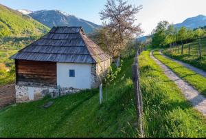 a barn on the side of a hill next to a road at Household Babovic - Old house Miljan's valley in Andrijevica