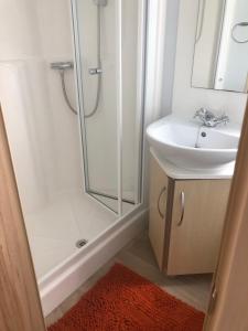 a bathroom with a shower and a sink and a mirror at Albatross at Cleethorpes Pearl in Cleethorpes