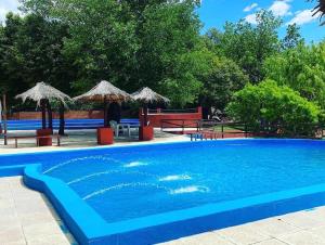 a large blue swimming pool with tables and umbrellas at Complejo Las Violetas in Merlo