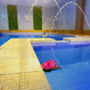 eine rosa Blume mitten im Pool in der Unterkunft افتار شالية avatar chalet in Al Raka