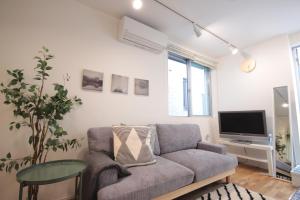 uma sala de estar com um sofá e uma televisão em LaLaCUBE Kitasenju em Tóquio