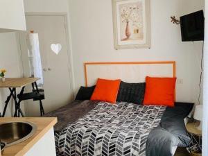 sypialnia z łóżkiem z pomarańczowymi poduszkami i umywalką w obiekcie Studio cosy au centre-ville avec Wi-Fi, animaux admis - FR-1-703-139 w mieście Amélie-les-Bains-Palalda