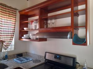 a kitchen with wooden cabinets and a counter top at Ultimate Chill Montego Bay in Montego Bay
